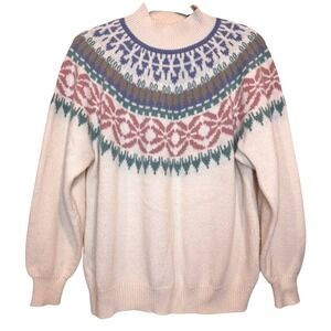 Fair Isle Knit Sweater Size L Mock Neck Pastel Pullover‎ Yoked winter ski 80s